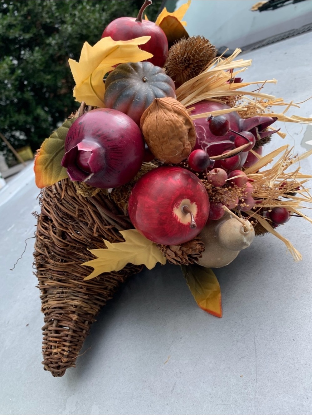 Autumn Harvest Cornucopia Décor - Red & Brown Fall Arrangement